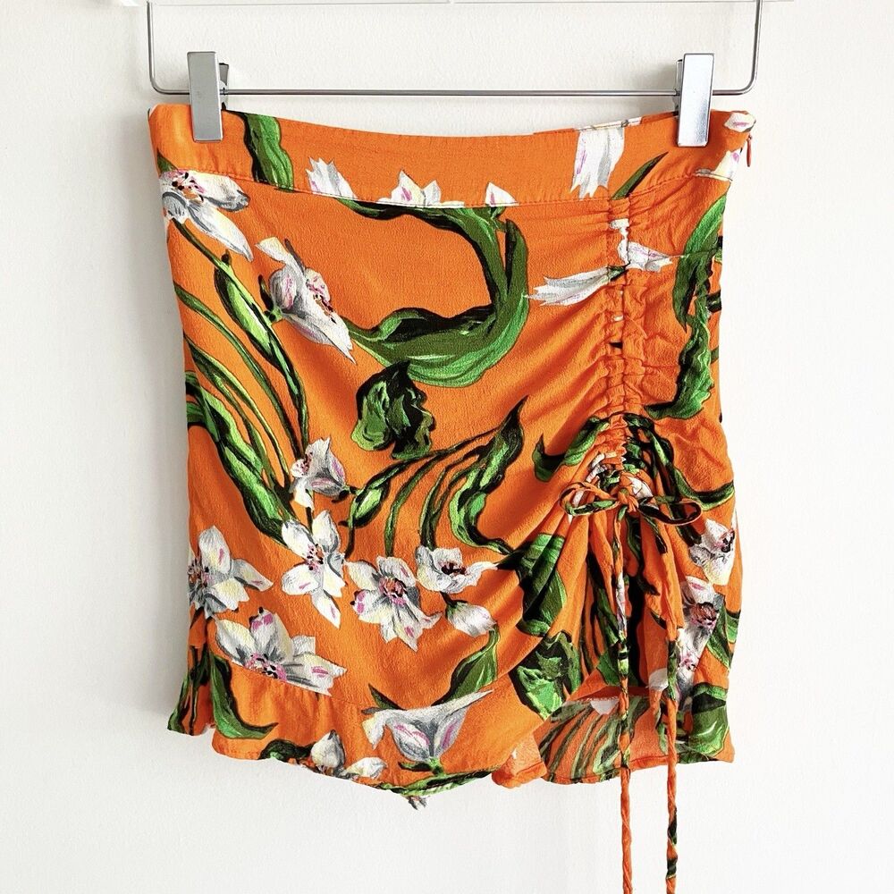 Zara Size Small Orange Tropical Floral Print Skort Drawstring Ruched Ruffle